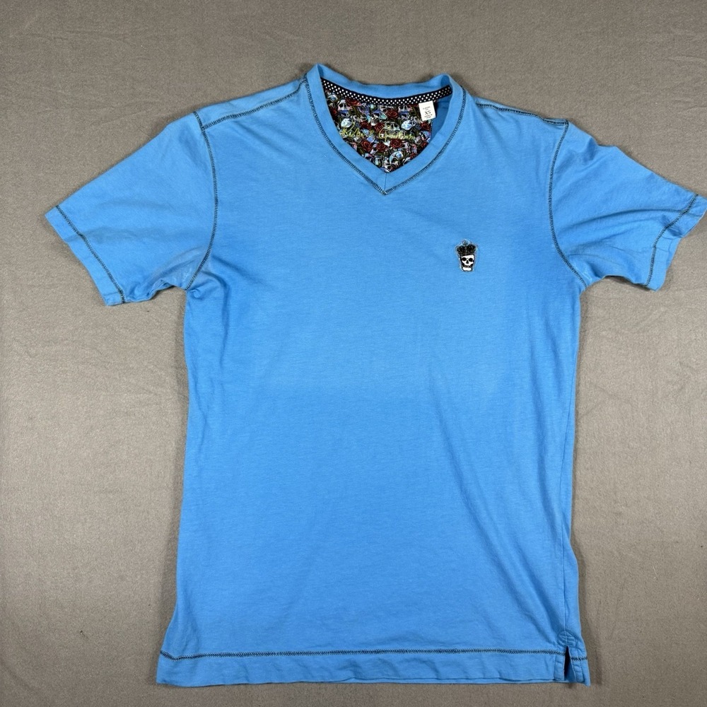 Robert Graham Mens Blue Skull‎ Logo V Neck Short Sleeve XS